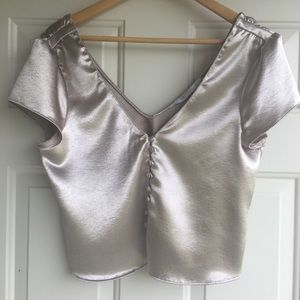 Zara Champagne Satin Silk Double V-Neck Crop Top